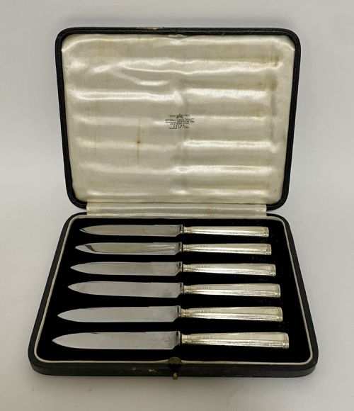 Set of 6 Antique Sterling Silver Fruit Knives in Box