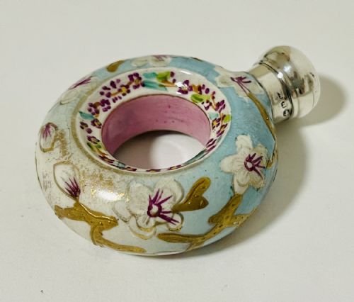 Victorian Porcelain Ring Scent Bottle with Silver Top