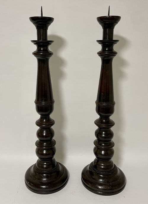 Pair of Large Victorian Turned Oak Pricket Candlesticks