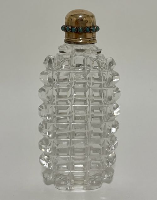 fig 1. Victorian Cut Glass Scent Bottle with Gold and Turquoise Top
