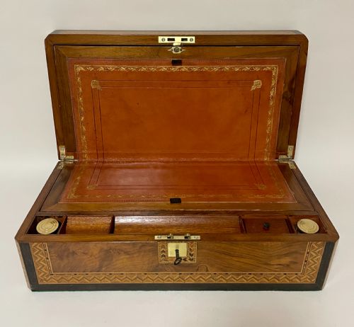Victorian Walnut Tunbridge Ware Writing Slope with Secret Drawers