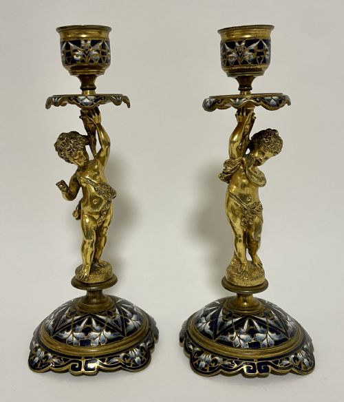 Pair of Antique Gilt and Enamel Putti Candlesticks