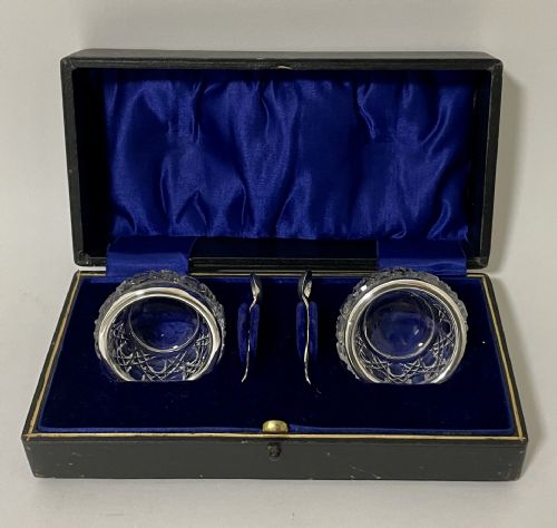 Antique Glass Salts and Silver Spoons in Box