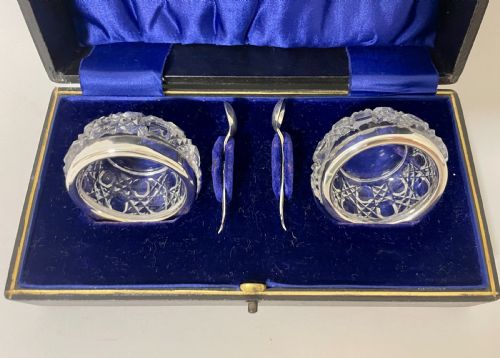 fig 1. Antique Glass Salts and Silver Spoons in Box