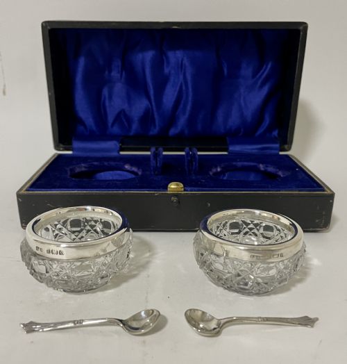 fig 3. Antique Glass Salts and Silver Spoons in Box