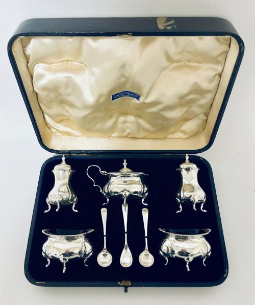 fig 1. Antique Silver Five Piece Cruet Set