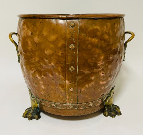 fig 1. Antique Riveted Copper Bin with Lions Paw Feet
