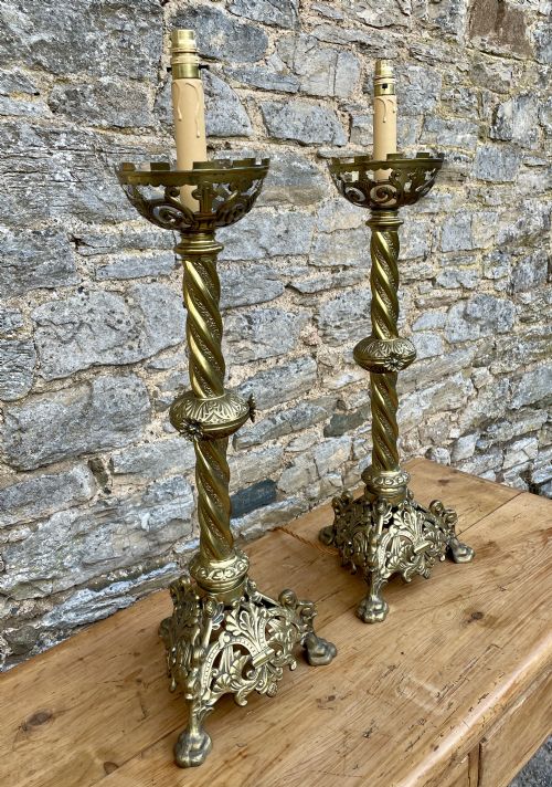 fig 2. Pair of Large Victorian Brass Altar Candlesticks Converted to Electric