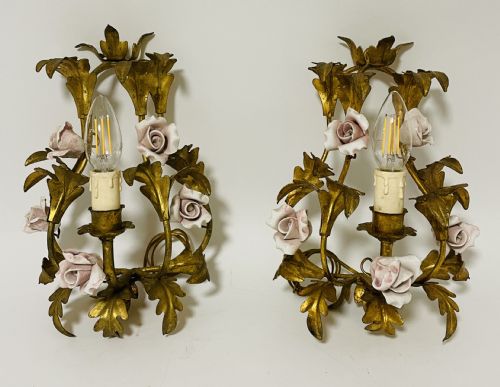 Pair of Gilt Toleware and Ceramic Wall Lights
