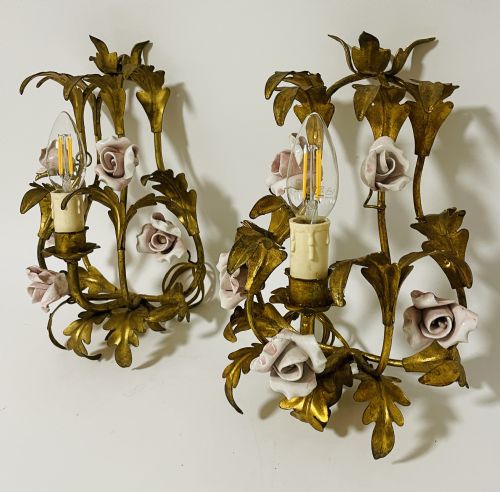 fig 1. Pair of Gilt Toleware and Ceramic Wall Lights