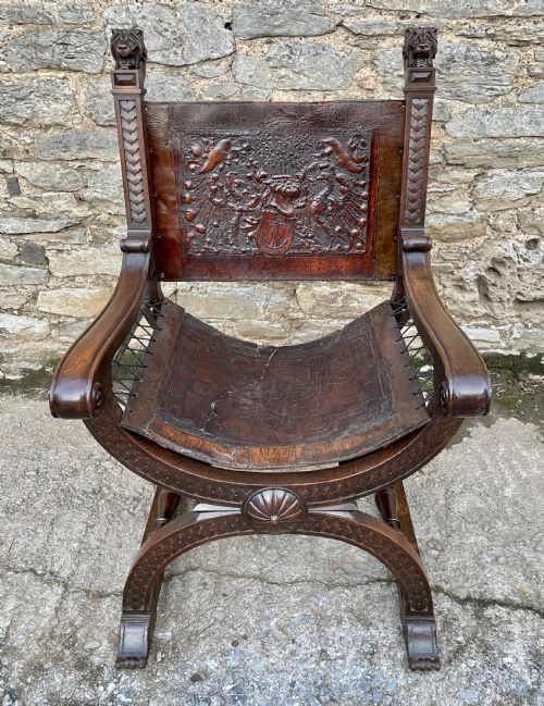 Antique Continental X-frame Carved Oak Throne