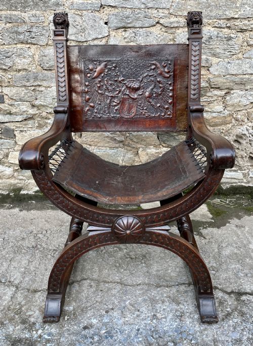 fig 2. Antique Continental X-Frame Carved Oak Throne