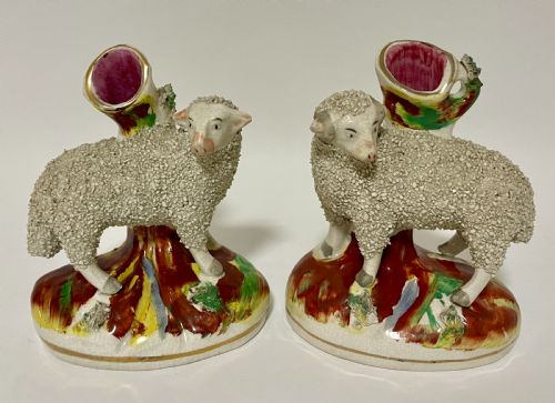 Pair of Victorian Staffordshire Sheep Spill Vases