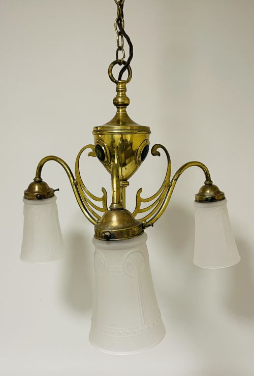 fig 1. Arts and Crafts Brass Chandelier with Ruskin Cabochons