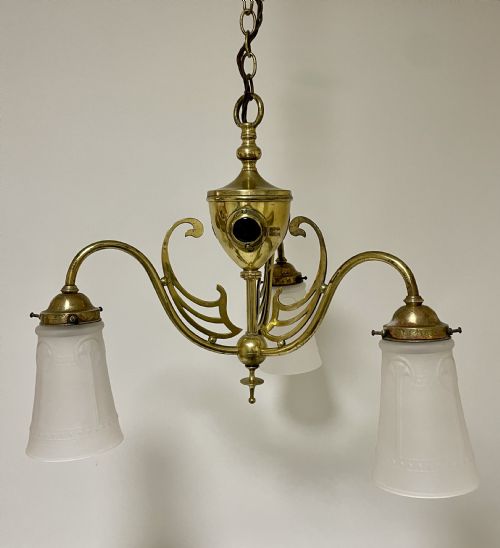 Arts and Crafts Brass Chandelier with Ruskin Cabochons