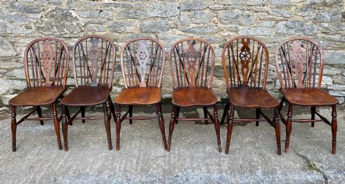 Set of Six Antique Elm Seated Wheelback Chairs