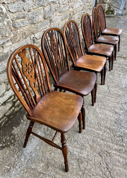 fig 2. Set of Six Antique Elm Seated Wheelback Chairs