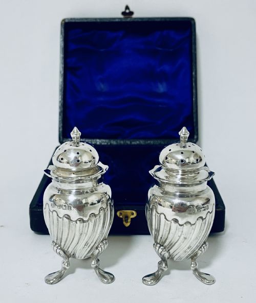 fig 1. Pair of Victorian Silver Pepper Pots in Box