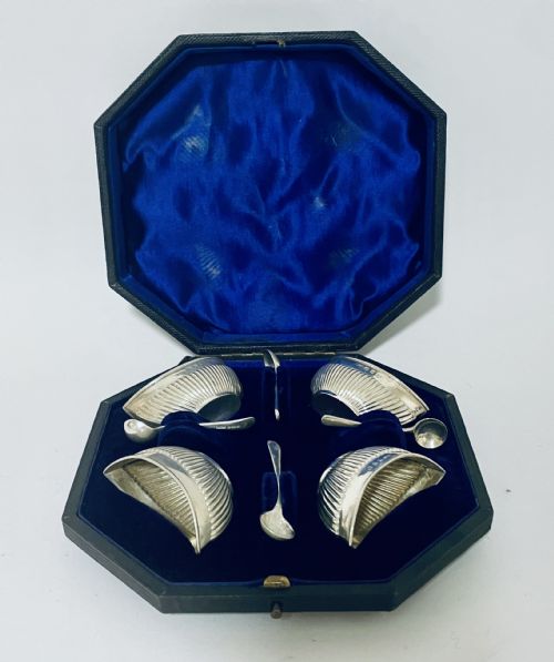 Box of Four Silver Salt Dishes with Spoons