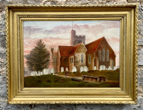 Oil on Board of Broughton-under-blean Church by F.baker 1869