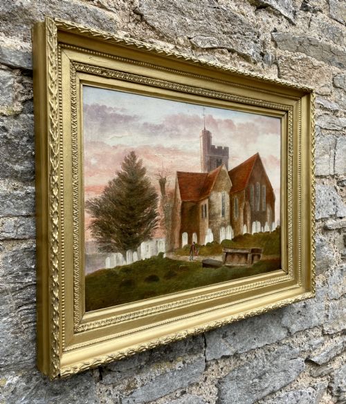 fig 1. Oil on Board of Broughton-under-Blean Church by F.Baker 1869