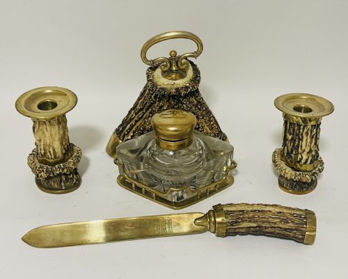 VICTORIAN BRASS MOUNTED ANTLER DESK SET