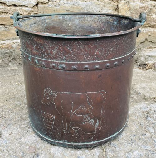 Victorian Copper Riveted Bucket with Naive Decoration