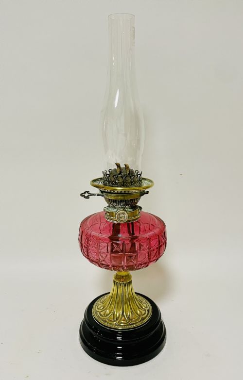 Victorian Cranberry Glass Oil Lamp with Hinks Burner