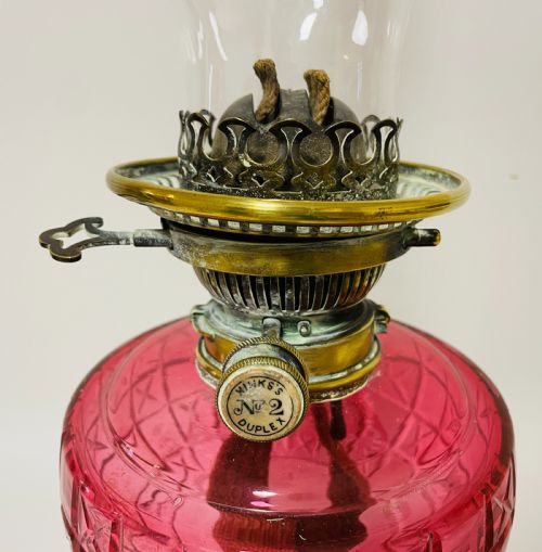 fig 1. Victorian Cranberry Glass Oil Lamp with Hinks Burner