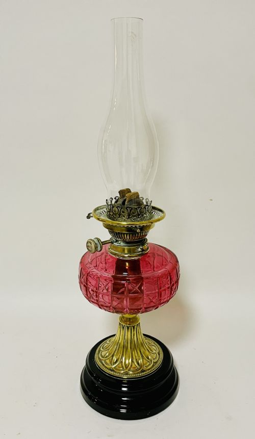 fig 2. Victorian Cranberry Glass Oil Lamp with Hinks Burner