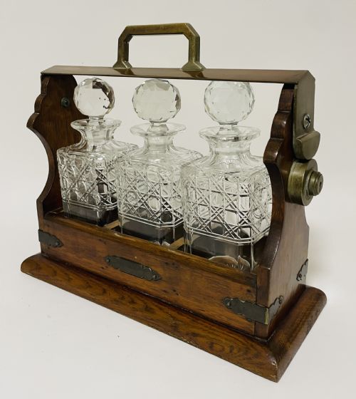 fig 1. Antique 3 Bottle Oak Tantalus