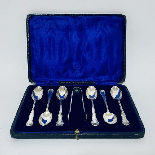 Set of 6 Silver Teaspoons and Tongs