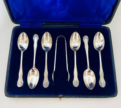 fig 1. Set of 6 Silver Teaspoons and Tongs