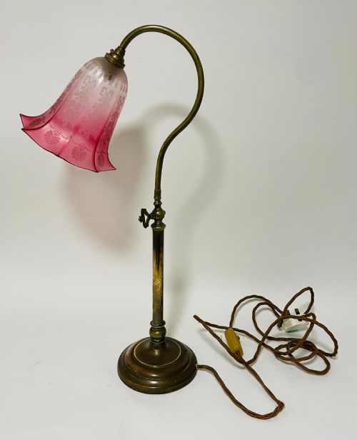 fig 1. Antique Brass Reading Lamp with Cranberry Glass Shade