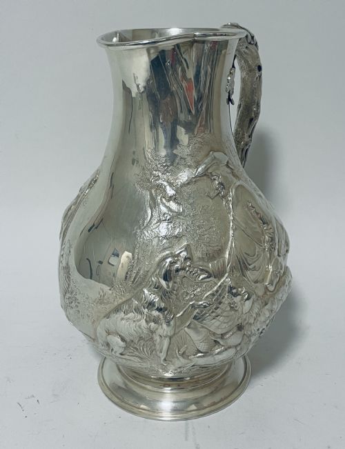 Large Victorian Silver Water Jug Embossed with Scottish Hunting Scenes