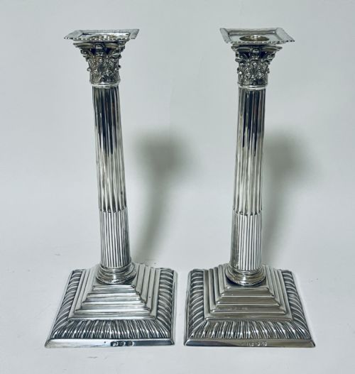 Pair of Georgian Silver Corinthian Column Candlesticks