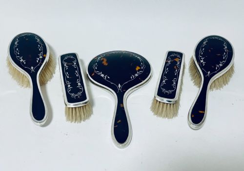 5-Piece Art Deco Tortoiseshell and Silver Vanity Set
