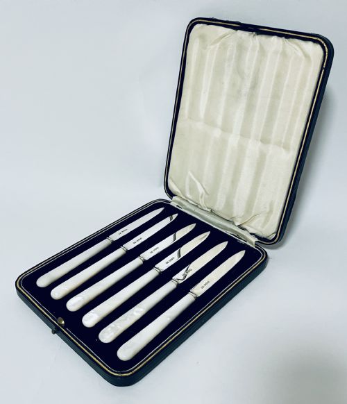 fig 1. Set of 6 Silver and Mother of Pearl Knives