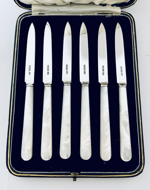 fig 2. Set of 6 Silver and Mother of Pearl Knives