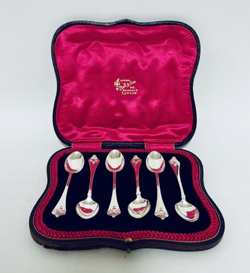 fig 1. Set of 6 Antique Silver Teaspoons in Box