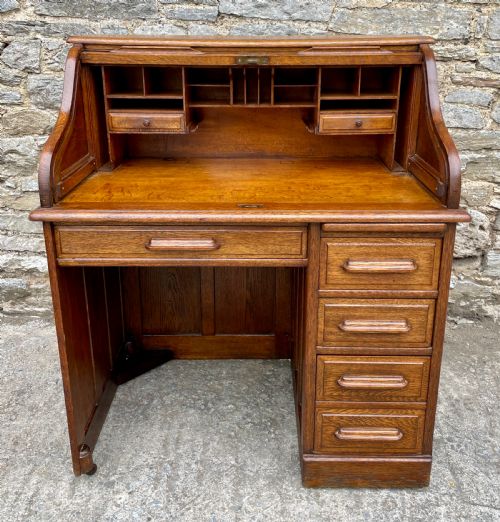 Edwardian Oak Roll Top Tambour Desk