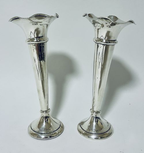Pair of Antique Silver Trumpet Vases