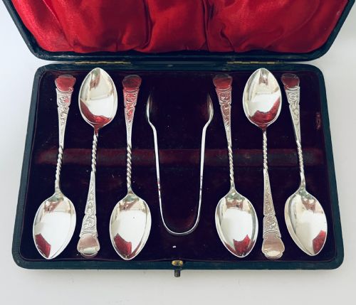 fig 1. Set of 6 Antique Silver Teaspoons & Sugar Tongs