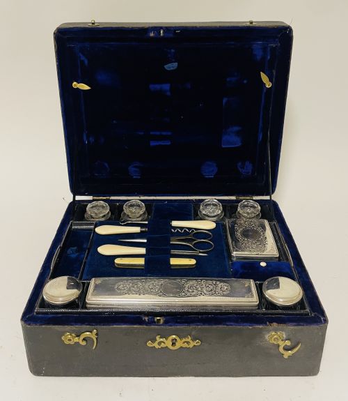 Antique Shagreen Leather Silver Plated Vanity Case