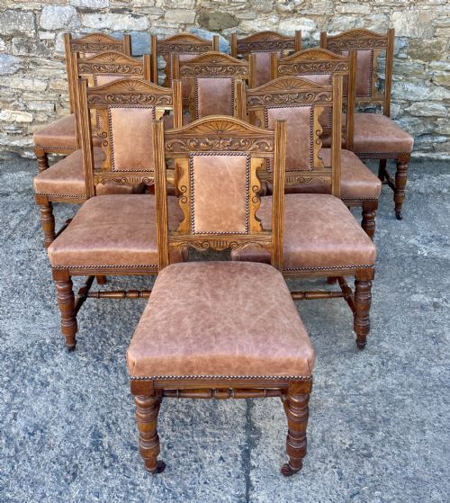 Set of 10 Victorian Oak Dining Chairs