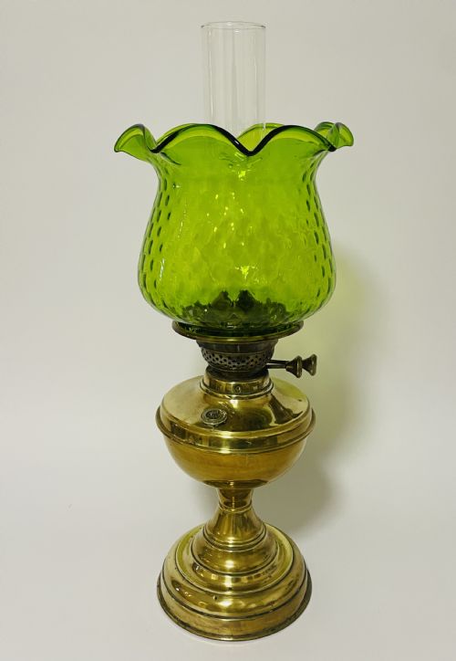 fig 1. Antique Brass Oil Lamp with Green Glass Shade