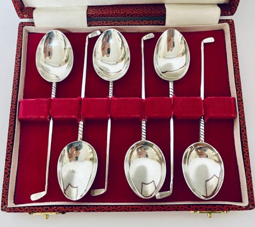 fig 1. Set of 6 Antique Silver Golf Spoons in Box