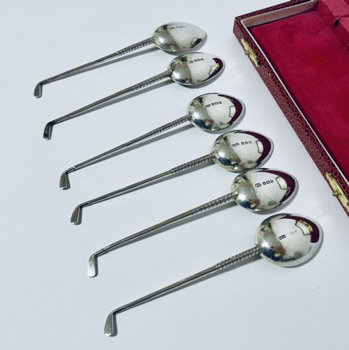 fig 3. Set of 6 Antique Silver Golf Spoons in Box