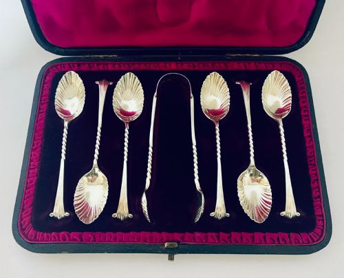 fig 1. Set of 6 Victorian Silver Teaspoons and Tongs