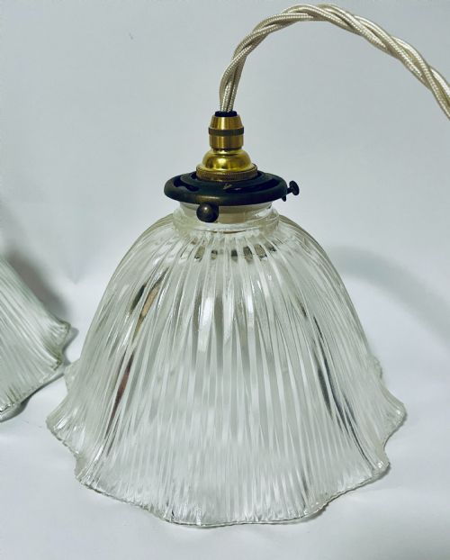 PAIR OF ANTIQUE GLASS HOLOPHANE PENDANT LIGHTS - ADDITIONAL PHOTO 1